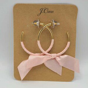 J Crew Gold Tone Large Hoop Earrings with Pink Ribbon NWT!